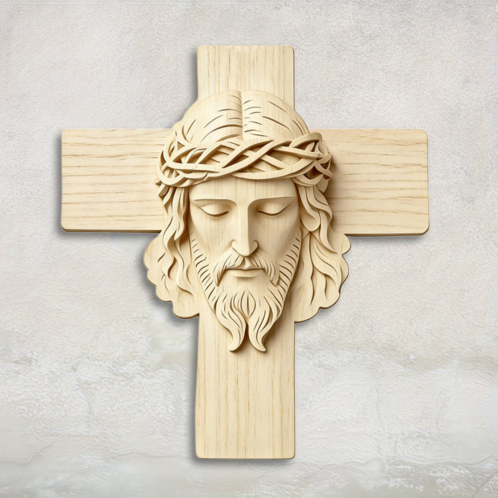 Christianartworkshop Timeless Wooden Cross Wall Hanging with 2D Closed-Eye Jesus Print - 13.98''*15.75''*0.2''/35.5*40*0.5cm - image 0
