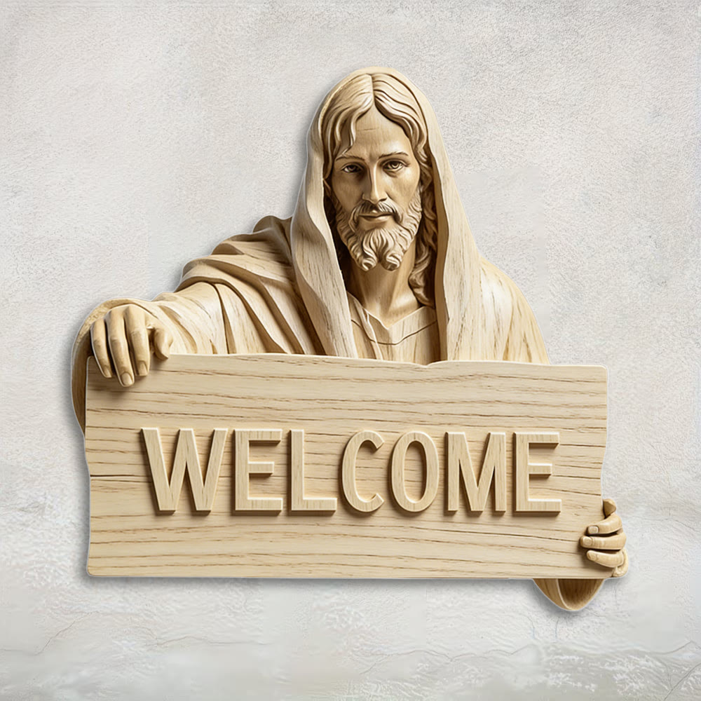 Christianartworkshop Natural Wood Wall Hanging with Printed Jesus WELCOME Plaque: A Reminder of Open Arms - 15.75''*15.35''*0.2''/40*39*0.5cm - image 0