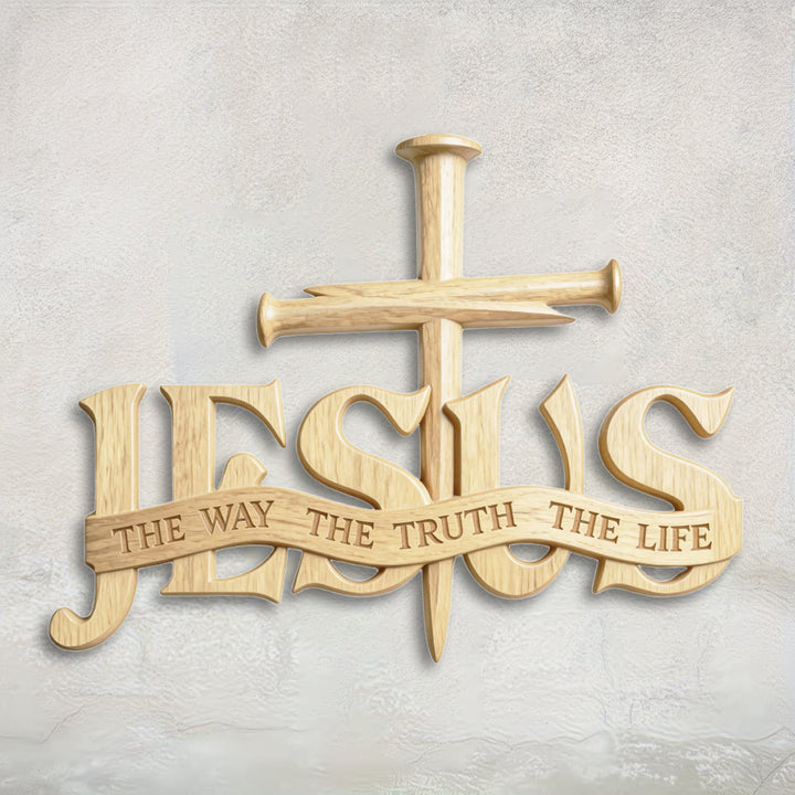 Christianartworkshop Rustic Wooden Wall Decor with Printed JESUS THE WAY THE TRUTH THE LIFE & Cross - 19.7''*14.96''*0.2''/50*38*0.5cm - image 0