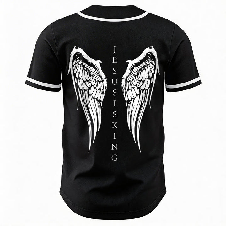 Christianartworkshop Jesus Is King Angel Wings Cross Faith Statement Custom Baseball Jersey - image 6