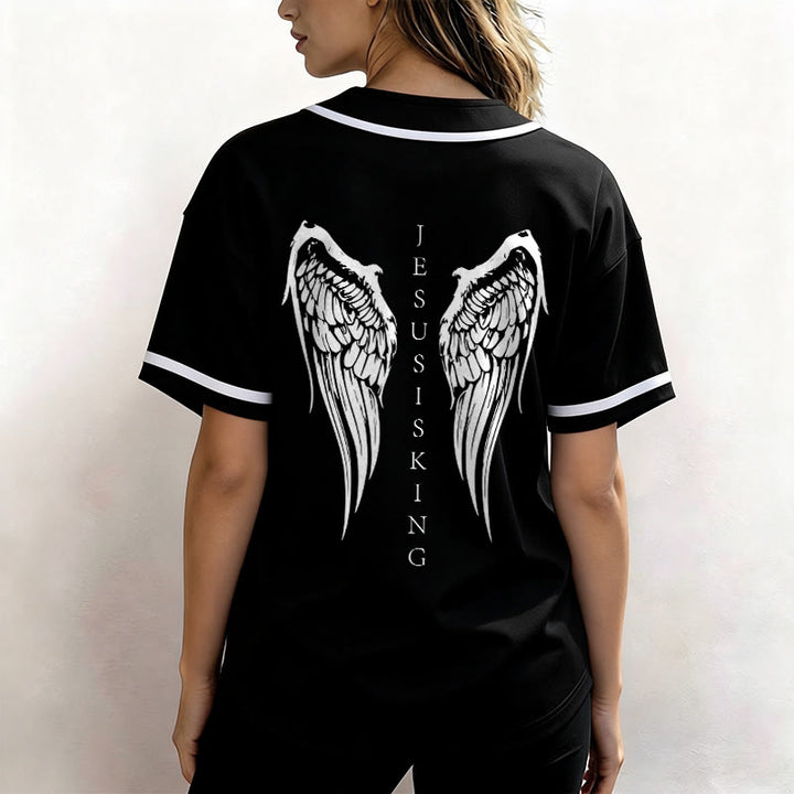 Christianartworkshop Jesus Is King Angel Wings Cross Faith Statement Custom Baseball Jersey - image 5