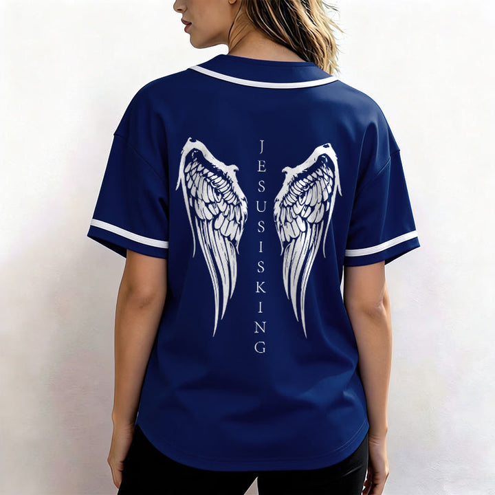 Christianartworkshop Jesus Is King Angel Wings Cross Faith Statement Custom Baseball Jersey - image 12