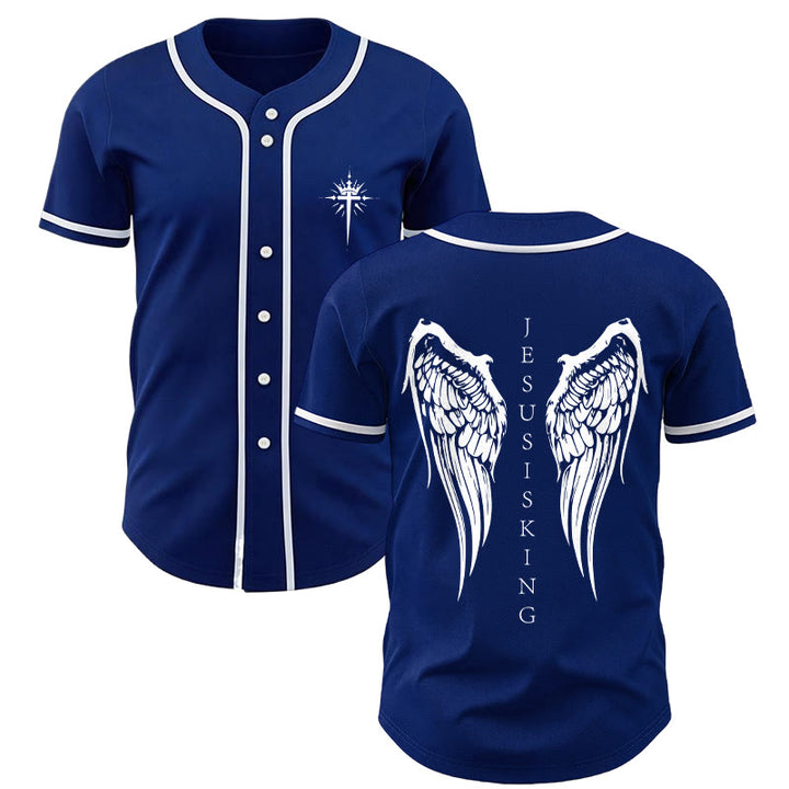 Christianartworkshop Jesus Is King Angel Wings Cross Faith Statement Custom Baseball Jersey - Navy Blue - 5XL - image 7