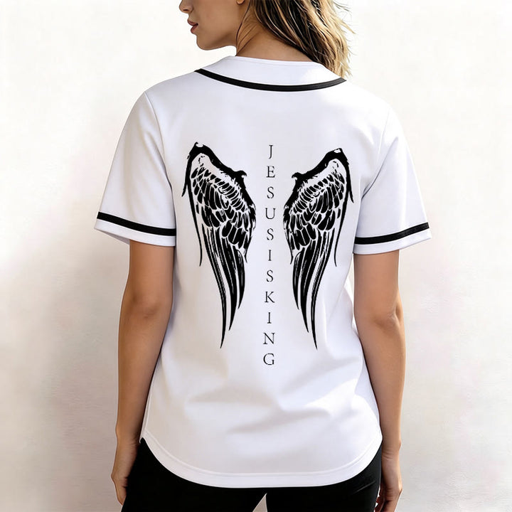 Christianartworkshop Jesus Is King Angel Wings Cross Faith Statement Custom Baseball Jersey - image 26