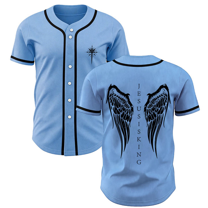 Christianartworkshop Jesus Is King Angel Wings Cross Faith Statement Custom Baseball Jersey - Blue - 5XL - image 42