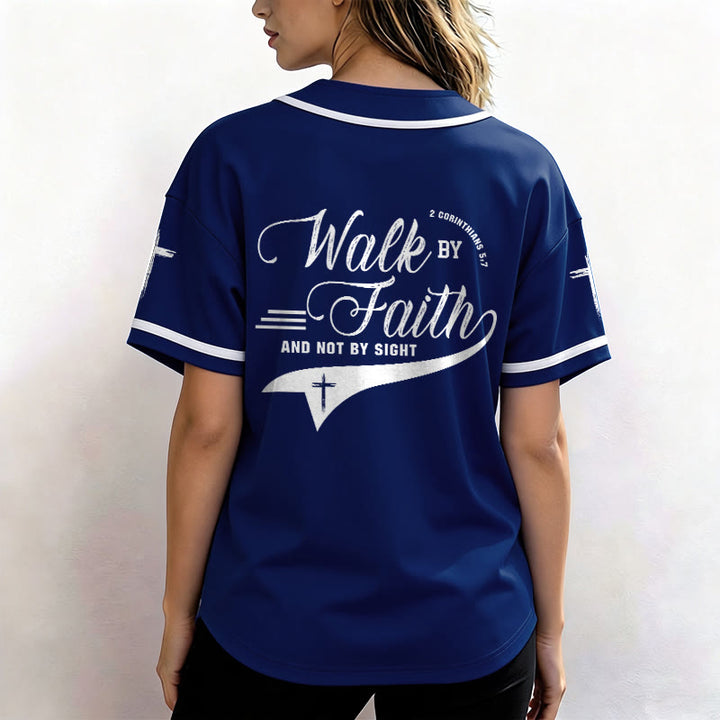 Christianartworkshop 2 Corinthians 5:7 “Walk By Faith And Not By Sight” Cross Statement Baseball Jersey - image 5