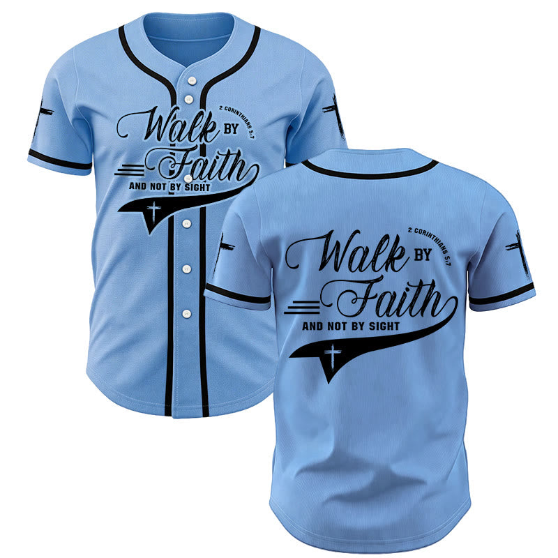 Christianartworkshop 2 Corinthians 5:7 “Walk By Faith And Not By Sight” Cross Statement Baseball Jersey - Blue - 5XL - image 42