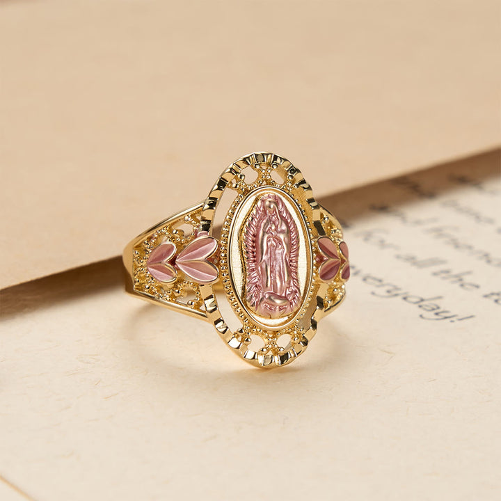 Christianartworkshop Our Lady of Guadalupe Enameled Devotional Ring with Floral Accents: A Symbol of Marian Grace & Divine Protection - US 10 - image 0