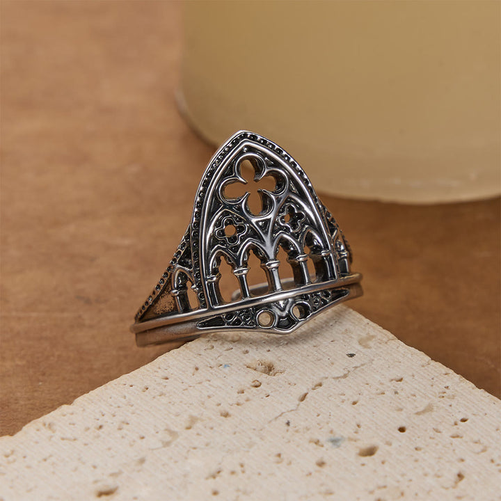 Christianartworkshop Gothic Cathedral Window Devotional Ring with Quatrefoil Details: A Symbol of Sacred Architecture & Divine Light - Suitable for US sizes 6-9 - image 0