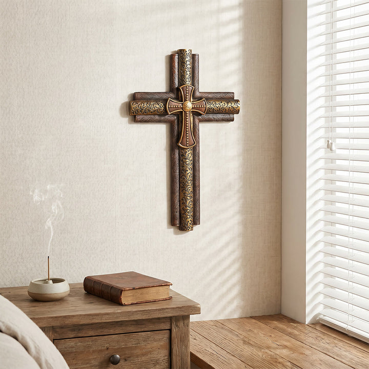 Ornate Vintage Resin Cross Wall Decor – Wood-Look Gold Scrollwork (15.4 ...