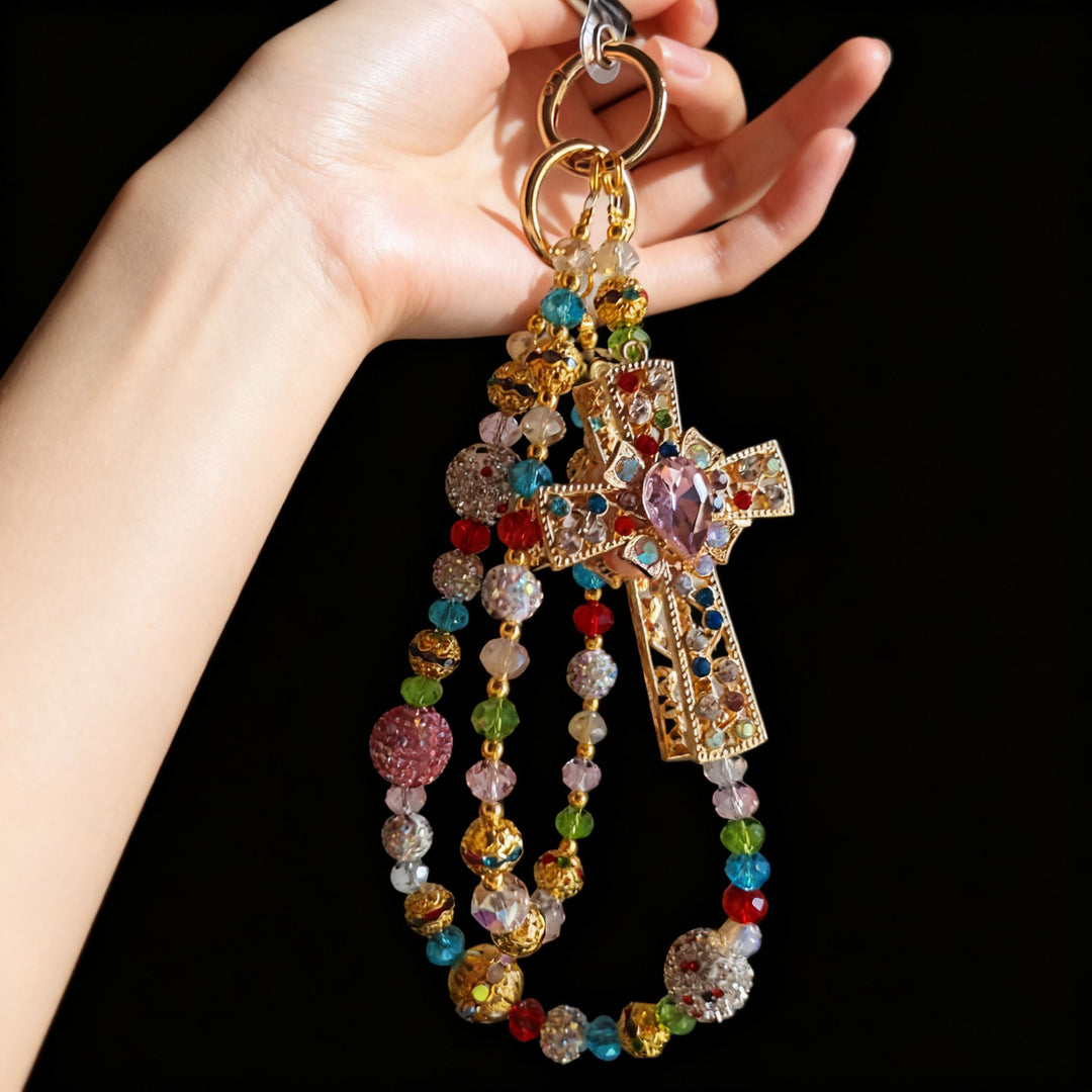 Christianartworkshop Colorful Crystal Cross Phone Charm with Beaded Tassel: A Symbol of Vibrant Faith & Divine Light - image 2