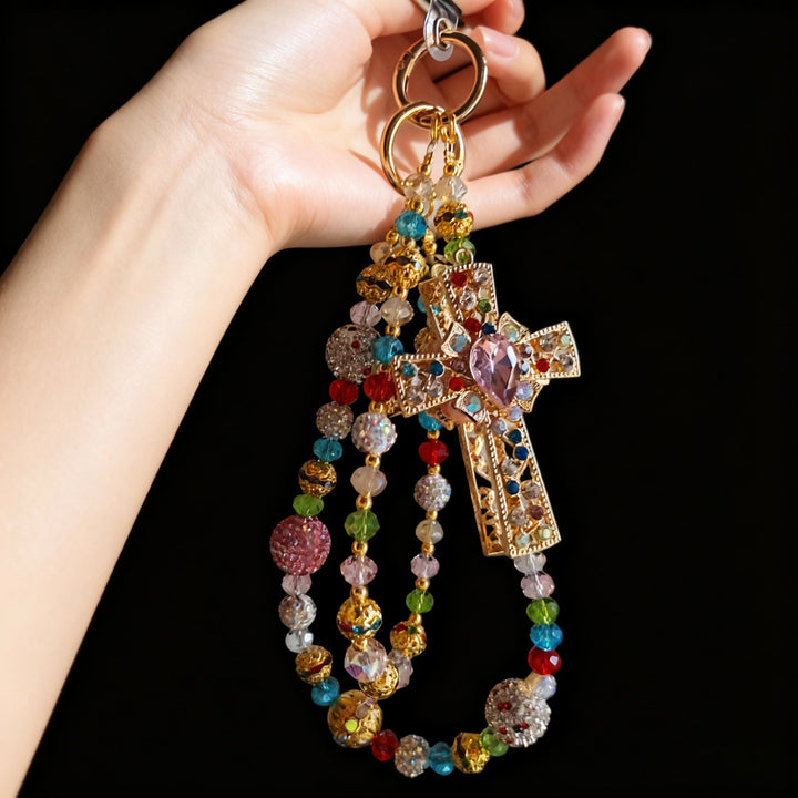 Christianartworkshop Colorful Crystal Cross Phone Charm with Beaded Tassel: A Symbol of Vibrant Faith & Divine Light - image 2