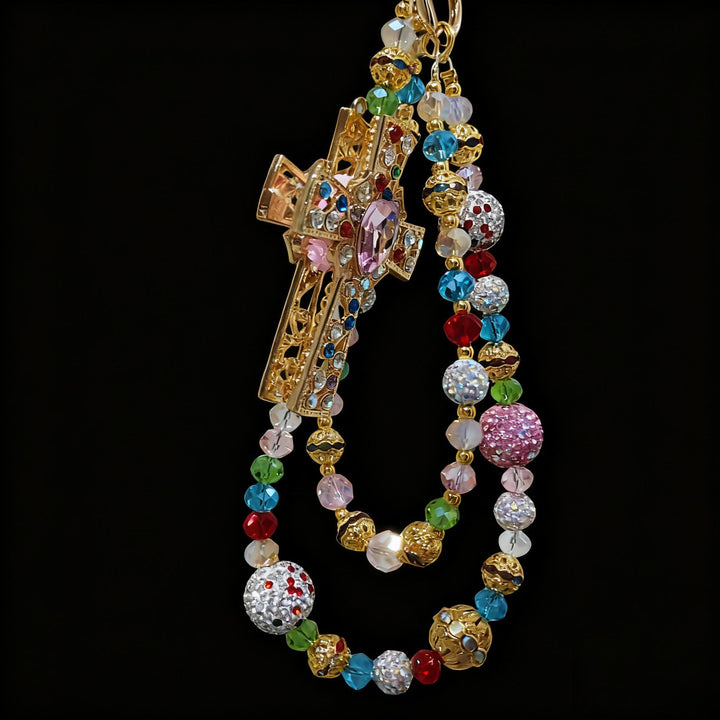 Christianartworkshop Colorful Crystal Cross Phone Charm with Beaded Tassel: A Symbol of Vibrant Faith & Divine Light - image 3
