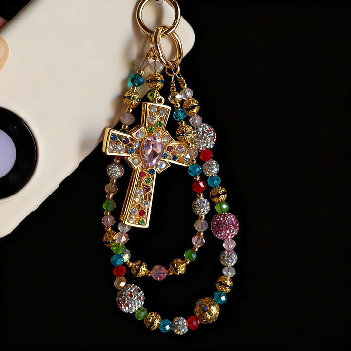 Christianartworkshop Colorful Crystal Cross Phone Charm with Beaded Tassel: A Symbol of Vibrant Faith & Divine Light - Double-chain - image 0