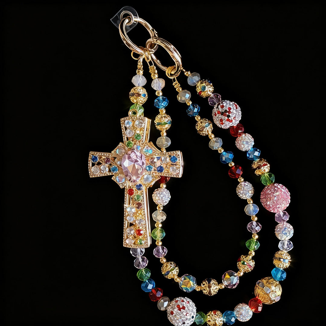 Christianartworkshop Colorful Crystal Cross Phone Charm with Beaded Tassel: A Symbol of Vibrant Faith & Divine Light - image 4