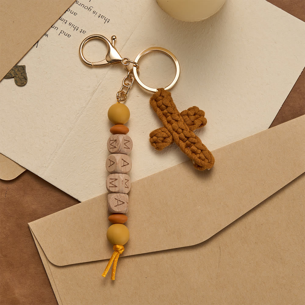 Christianartworkshop Soft Crochet Cross Keychain with “MAMA” Engraved Beads: Embody Faithful Grace & Warmth - Brown - image 5