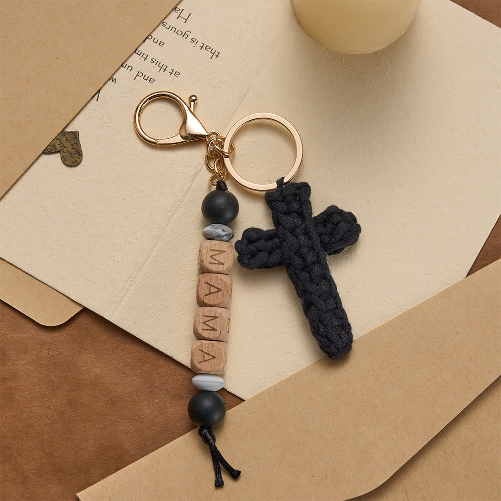 Christianartworkshop Soft Crochet Cross Keychain with “MAMA” Engraved Beads: Embody Faithful Grace & Warmth - Black - image 2