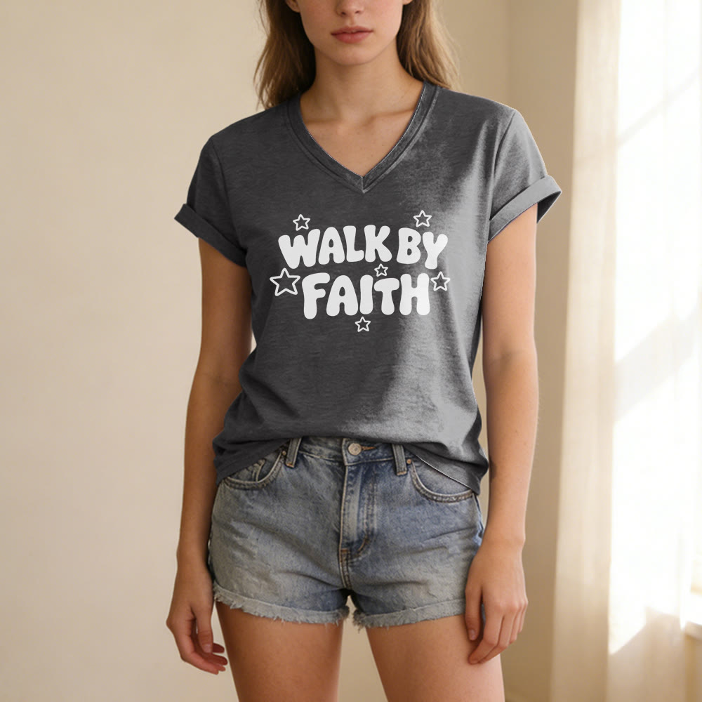 Christianartworkshop Walk By Faith Star Print Casual V-neck T-shirt - image 21