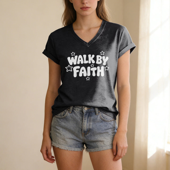 Christianartworkshop Walk By Faith Star Print Casual V-neck T-shirt - image 13