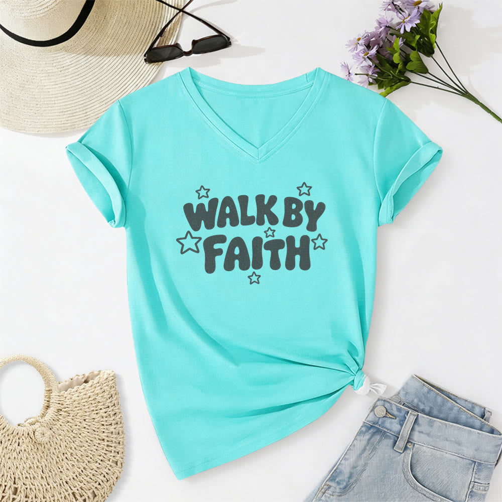 Christianartworkshop Walk By Faith Star Print Casual V-neck T-shirt - Sky Blue - 2XL - image 8