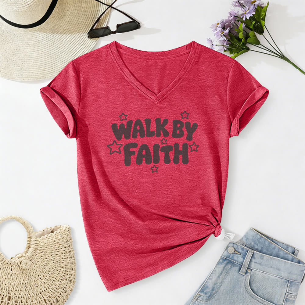 Christianartworkshop Walk By Faith Star Print Casual V-neck T-shirt - image 23