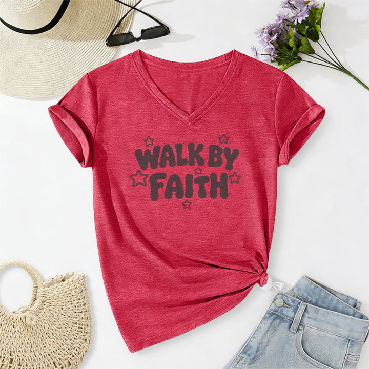 Christianartworkshop Walk By Faith Star Print Casual V-neck T-shirt - image 23