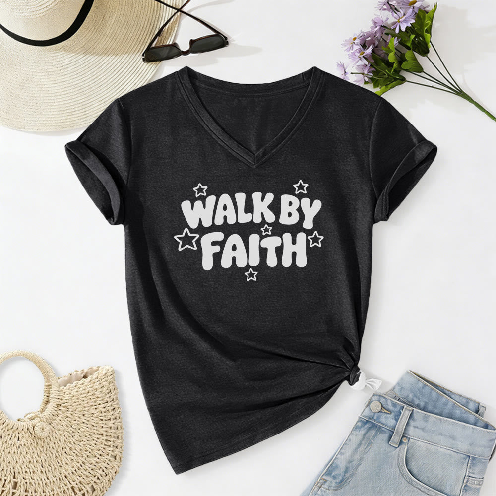 Christianartworkshop Walk By Faith Star Print Casual V-neck T-shirt - Black - 2XL - image 12