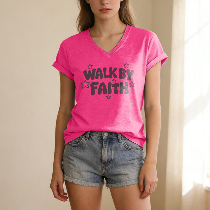 Christianartworkshop Walk By Faith Star Print Casual V-neck T-shirt - image 25