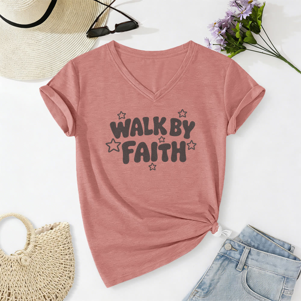 Christianartworkshop Walk By Faith Star Print Casual V-neck T-shirt - Light Pink - 2XL - image 10