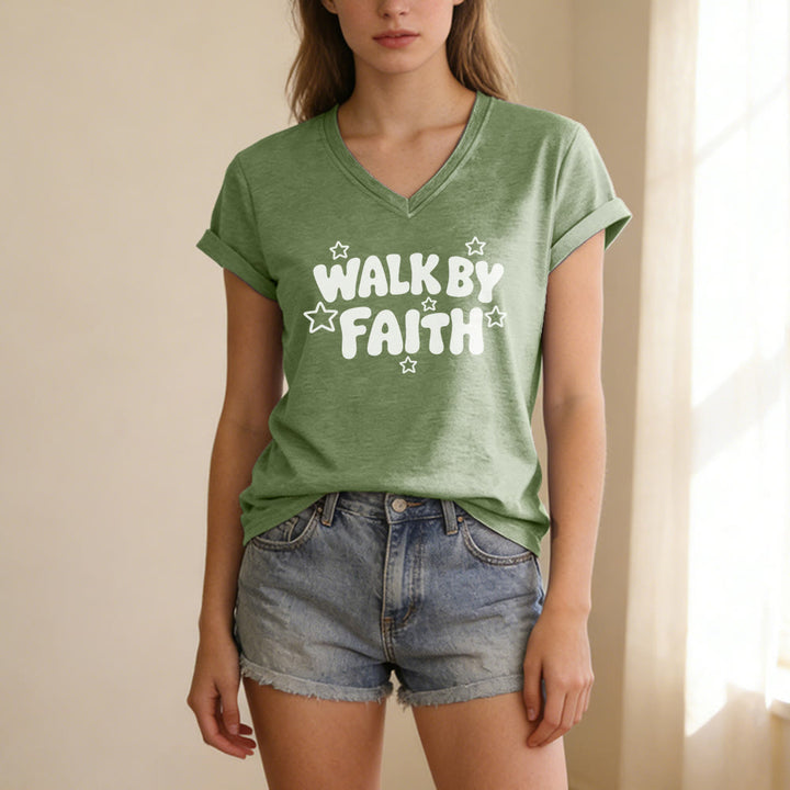 Christianartworkshop Walk By Faith Star Print Casual V-neck T-shirt - image 5