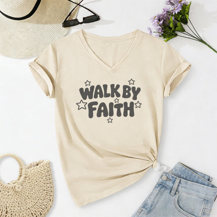 Christianartworkshop Walk By Faith Star Print Casual V-neck T-shirt - Beige - 2XL - image 0