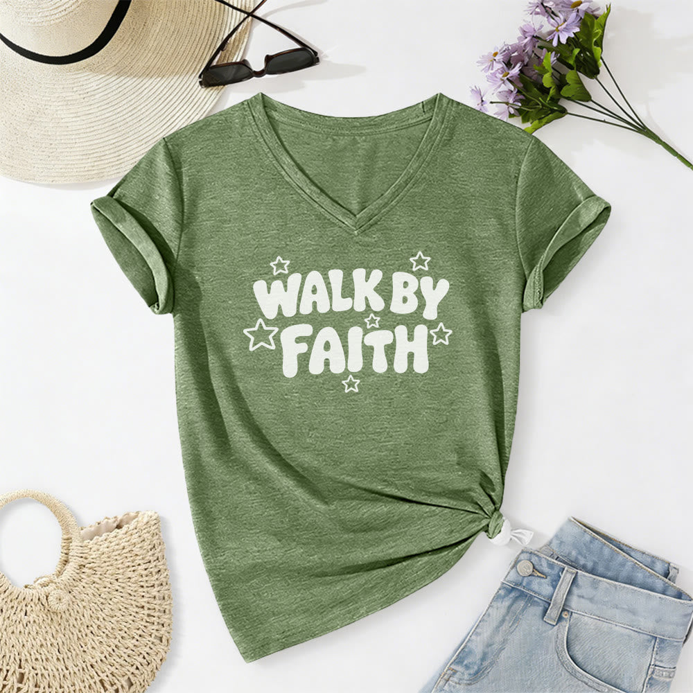 Christianartworkshop Walk By Faith Star Print Casual V-neck T-shirt - Olive Green - 2XL - image 4