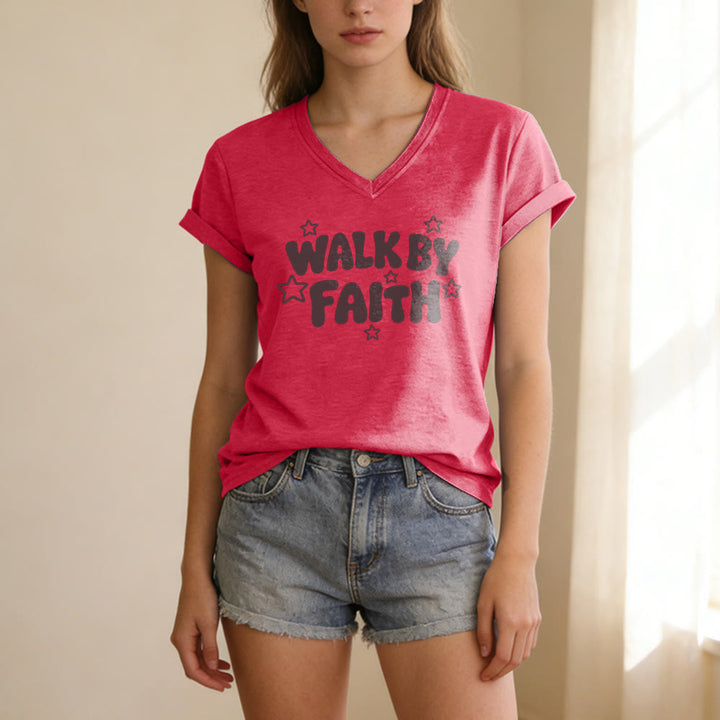 Christianartworkshop Walk By Faith Star Print Casual V-neck T-shirt - Red - 2XL - image 22