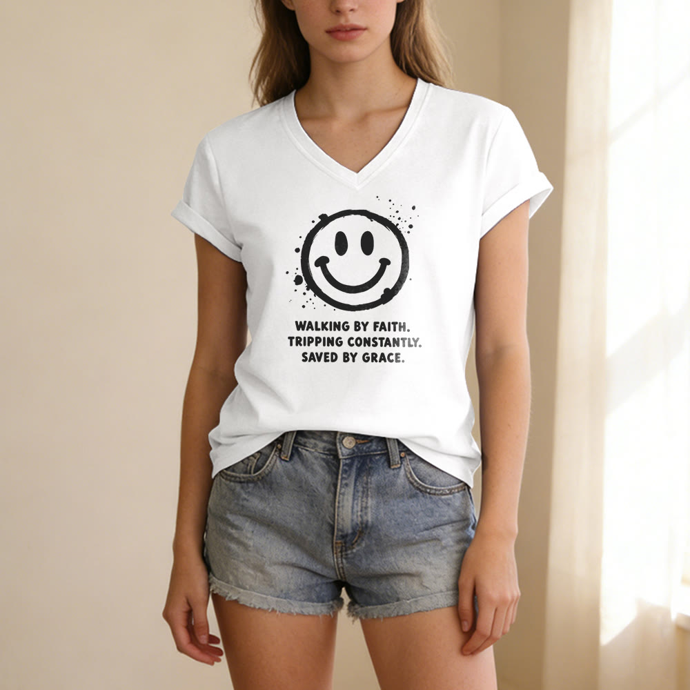 Christianartworkshop Walking By Faith Smiley Print Casual V-neck T-shirt - image 9