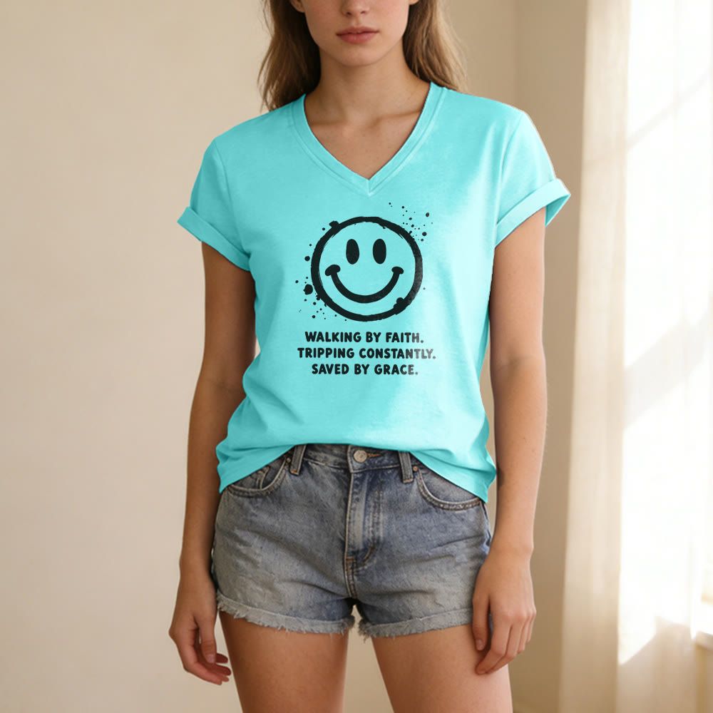 Christianartworkshop Walking By Faith Smiley Print Casual V-neck T-shirt - image 11