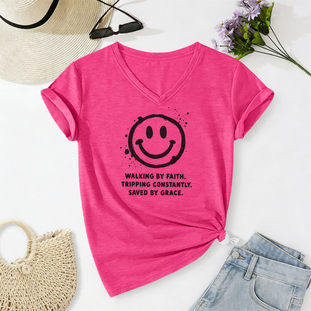 Christianartworkshop Walking By Faith Smiley Print Casual V-neck T-shirt - Rose - 2XL - image 24