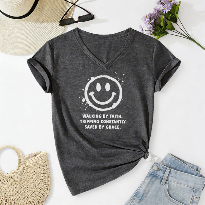 Christianartworkshop Walking By Faith Smiley Print Casual V-neck T-shirt - Dark Grey - 2XL - image 22