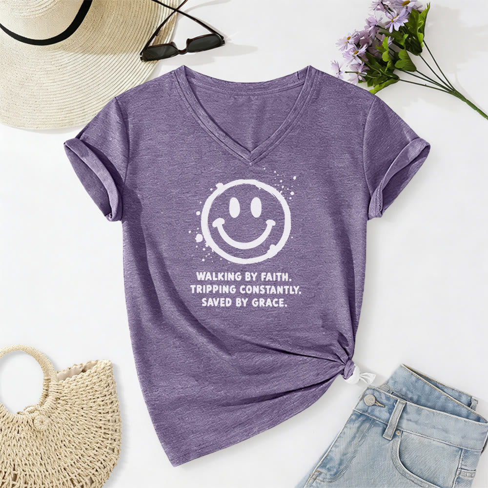 Christianartworkshop Walking By Faith Smiley Print Casual V-neck T-shirt - Purple - 2XL - image 18