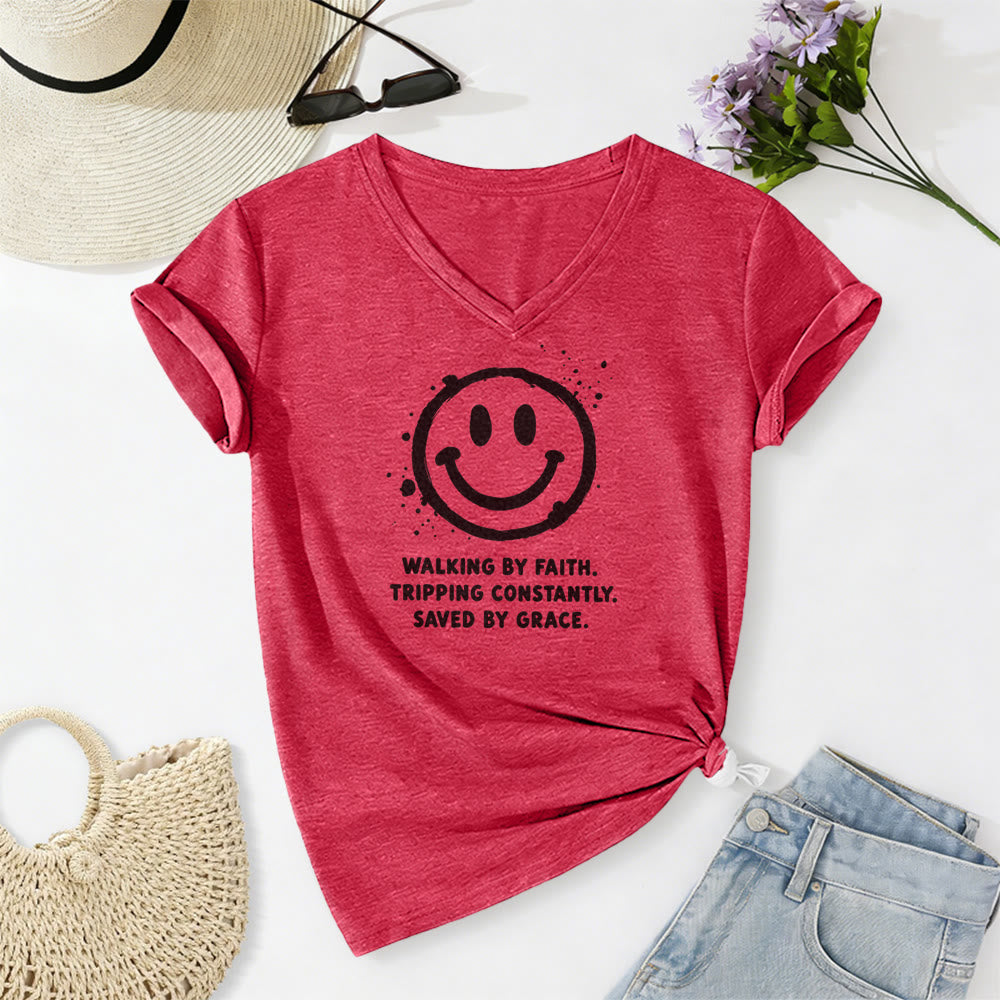 Christianartworkshop Walking By Faith Smiley Print Casual V-neck T-shirt - Red - 2XL - image 0