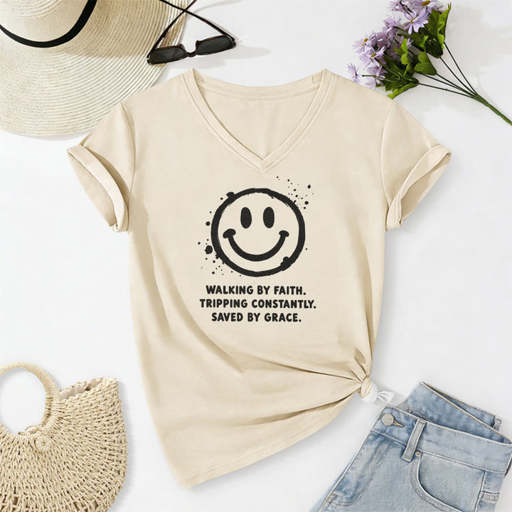 Christianartworkshop Walking By Faith Smiley Print Casual V-neck T-shirt - Beige - 2XL - image 2