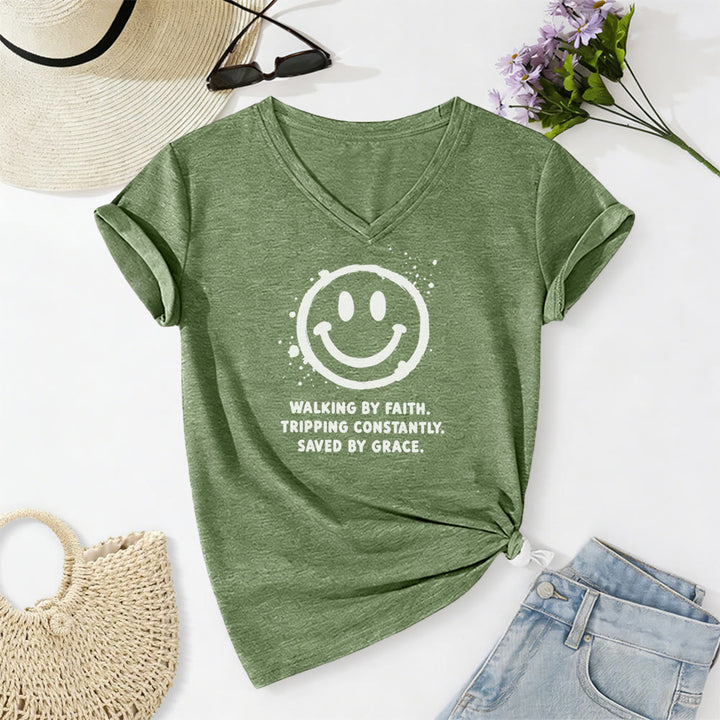 Christianartworkshop Walking By Faith Smiley Print Casual V-neck T-shirt - Olive Green - 2XL - image 6