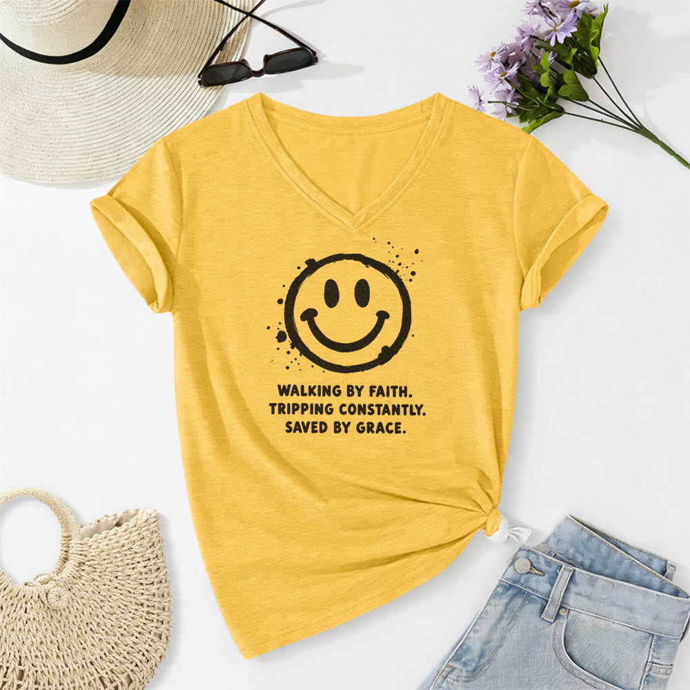 Christianartworkshop Walking By Faith Smiley Print Casual V-neck T-shirt - Yellow - 2XL - image 4