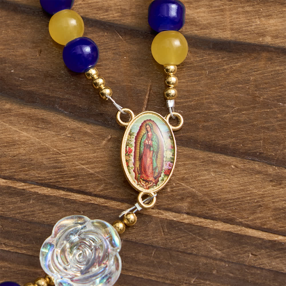 Christianartworkshop Blue & Yellow Guadalupe Rosary: Iridescent Rose Beads with Golden Crucifix - image 6
