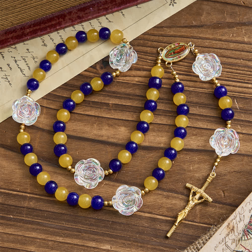 Christianartworkshop Blue & Yellow Guadalupe Rosary: Iridescent Rose Beads with Golden Crucifix - image 2