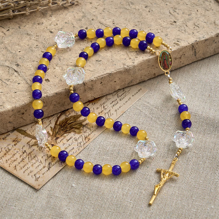 Christianartworkshop Blue & Yellow Guadalupe Rosary: Iridescent Rose Beads with Golden Crucifix - Our Lady & Crucifix - image 0