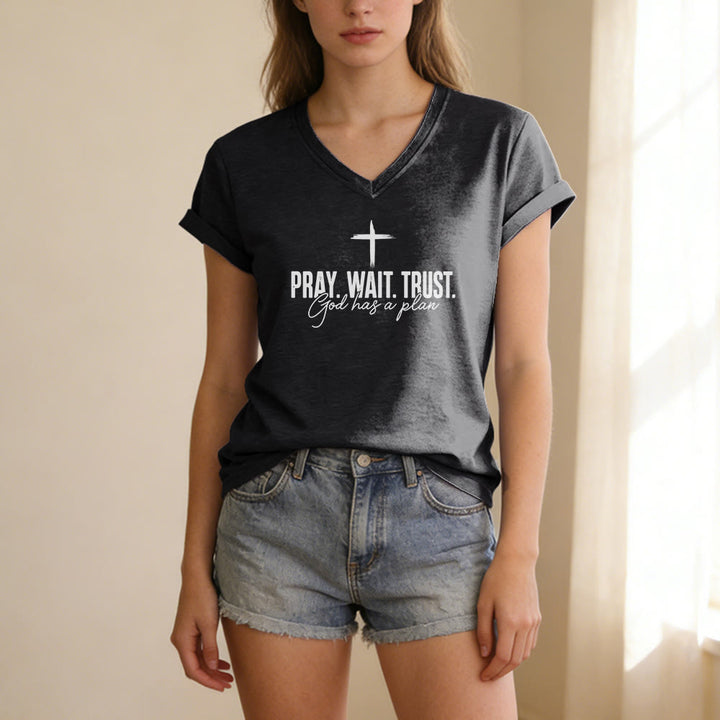 Christianartworkshop Pray Wait Trust God Has A Plan Cross Print Casual V-neck T-shirt - image 13
