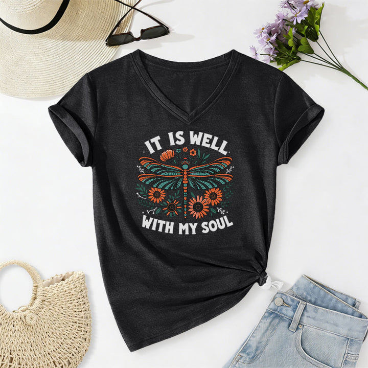 Christianartworkshop It Is Well With My Soul Dragonfly Floral Print Casual V-neck T-shirt - Black - 2XL - image 12