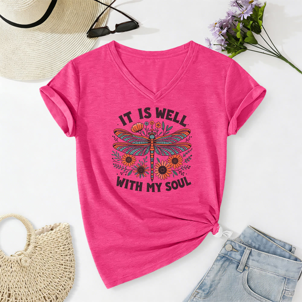 Christianartworkshop It Is Well With My Soul Dragonfly Floral Print Casual V-neck T-shirt - Rose - 2XL - image 24