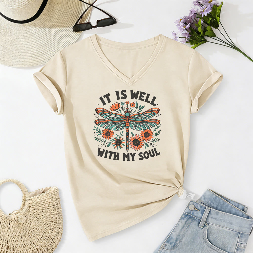 Christianartworkshop It Is Well With My Soul Dragonfly Floral Print Casual V-neck T-shirt - Beige - 2XL - image 2