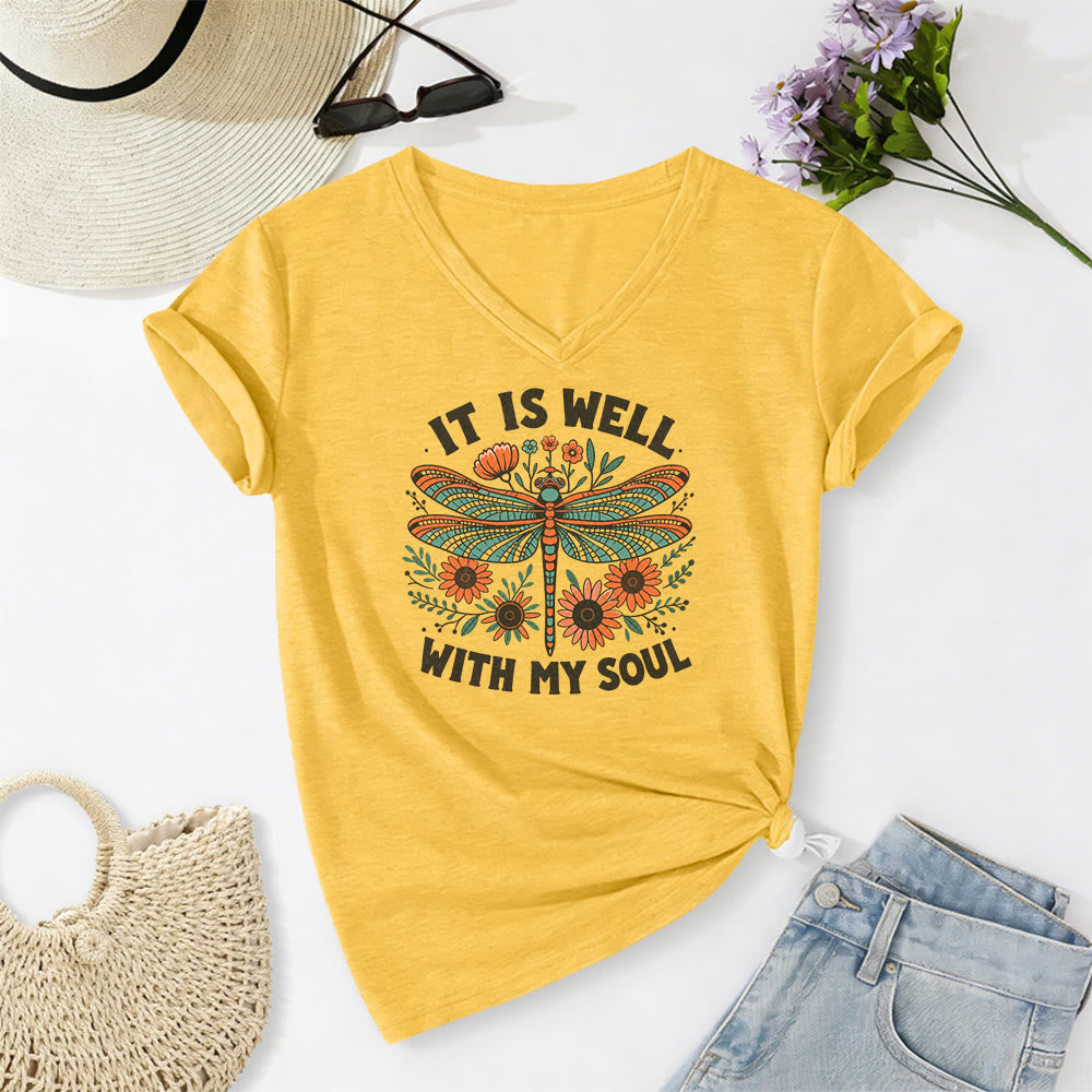 Christianartworkshop It Is Well With My Soul Dragonfly Floral Print Casual V-neck T-shirt - Yellow - 2XL - image 4